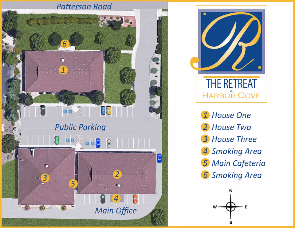 Aerial map of The Retreat at Harbor Cove facility showing three buildings labeled House One, House Two, and House Three, along with designated smoking areas, a main cafeteria, public parking spaces, and the main office. The map includes surrounding greenery, roads, and a compass indicating directions.