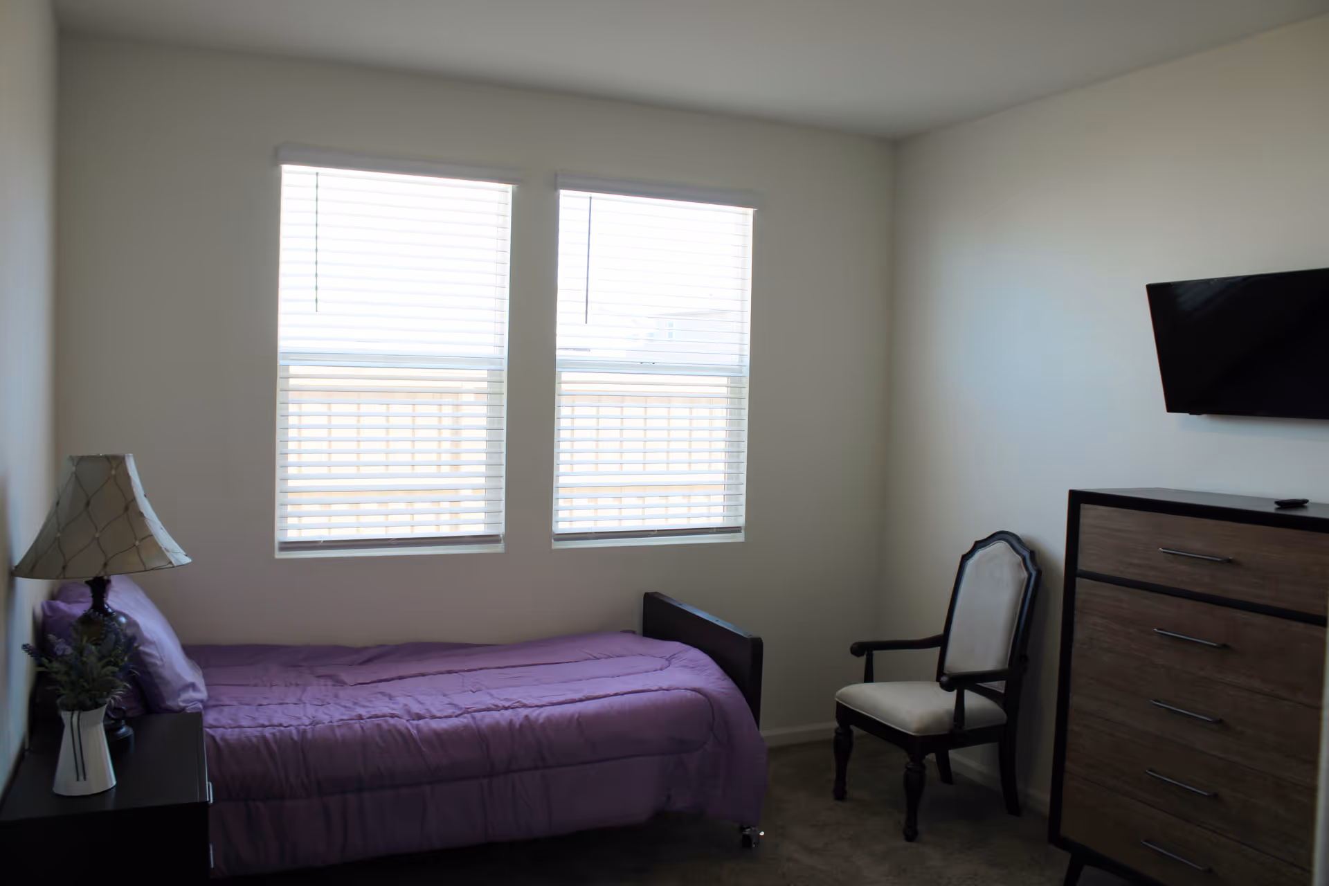 A small bedroom with a single bed covered in a purple comforter, a nightstand with a lamp and a small plant, two windows with blinds, a cushioned armchair, a wooden dresser, and a wall-mounted flat-screen TV.