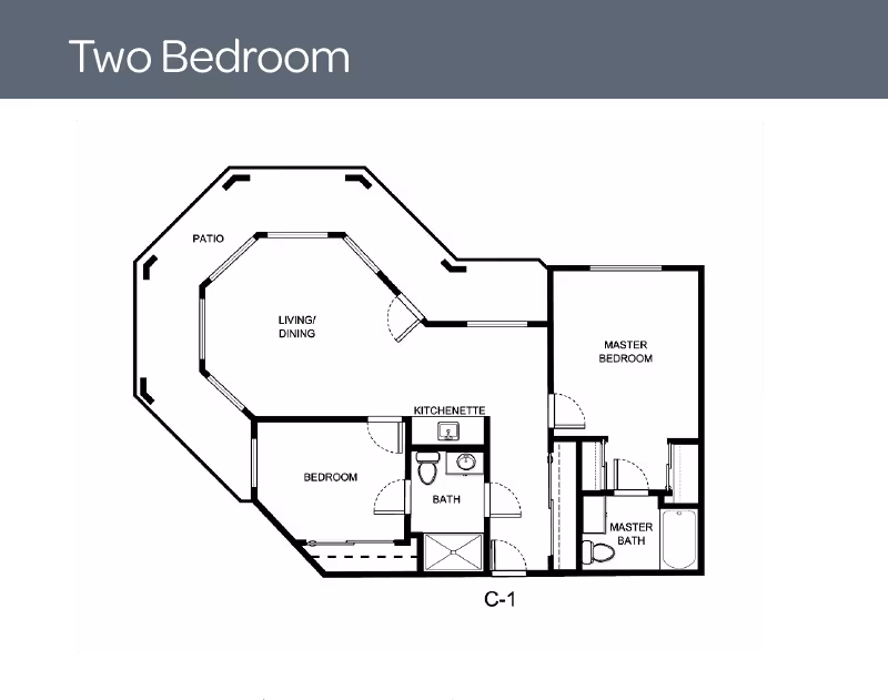 Floor plan of a two-bedroom apartment featuring a living/dining area with an adjacent patio, a kitchenette, a bathroom, a bedroom, a master bedroom with a master bath, and labeled doors and windows.