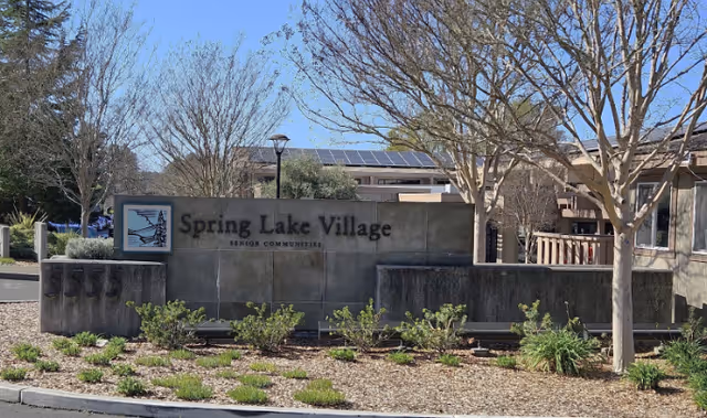 Outdoor view of the entrance sign for Spring Lake Village senior community, featuring a stone sign with the community name and logo, surrounded by landscaping with small bushes and trees without leaves under a clear blue sky.