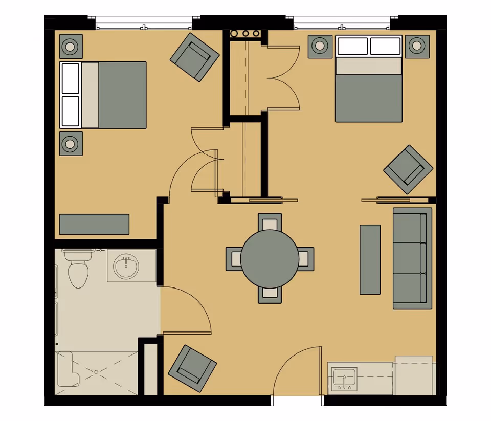 Floor plan of a senior living unit showing two bedrooms, a bathroom, a living room with seating and a dining table, and a small kitchen area.