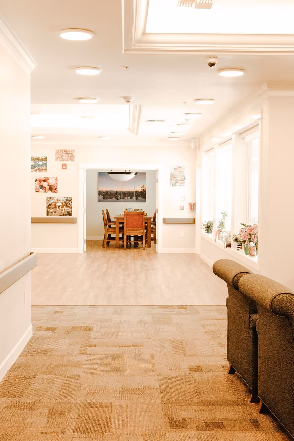 A bright hallway in a senior living facility with beige carpet and light wood flooring leading to a dining area with a wooden table and chairs. The walls are decorated with colorful paintings, and large windows on the right side let in natural light, with potted plants on the windowsill. A cushioned bench is partially visible on the right side of the hallway.