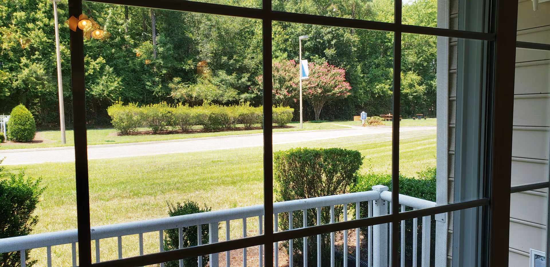 View through a screened window onto a small porch railing with trimmed bushes, a grassy lawn and a tree-lined road.