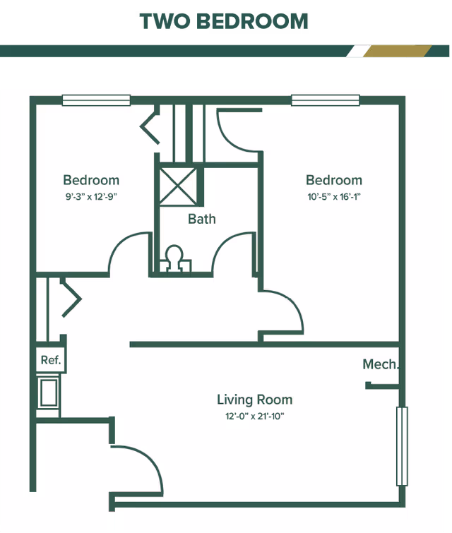 Floor plan of a two-bedroom apartment at Green Hills Community showing two bedrooms, a bathroom, a living room, a refrigerator area, and a mechanical room.