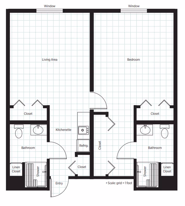 Architectural floor plan of a senior living unit at Belmont Village Thousand Oaks, showing a layout with a living area, bedroom, kitchenette, two bathrooms with showers, closets, linen closets, and entry. Each main room has a window.