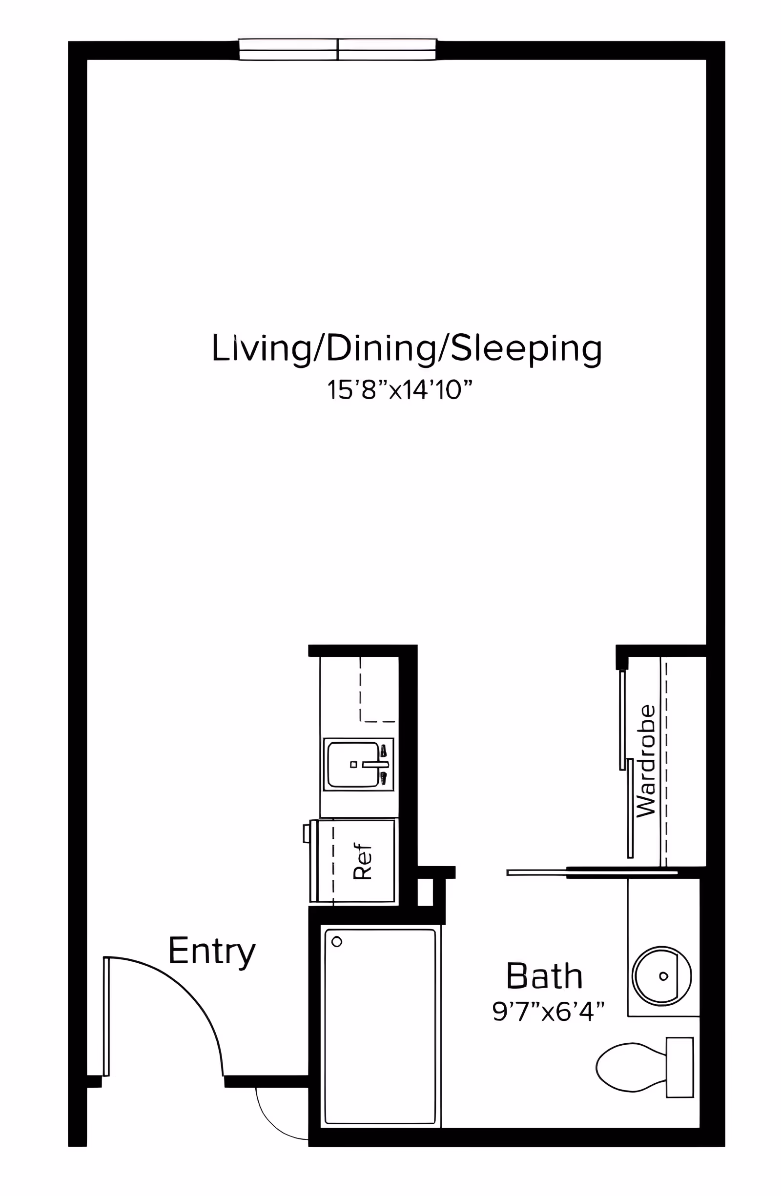 Black-and-white floor plan of a studio layout showing an entry, combined living/dining/sleeping area, small kitchenette with sink and refrigerator, a bath with tub and toilet, and a wardrobe.