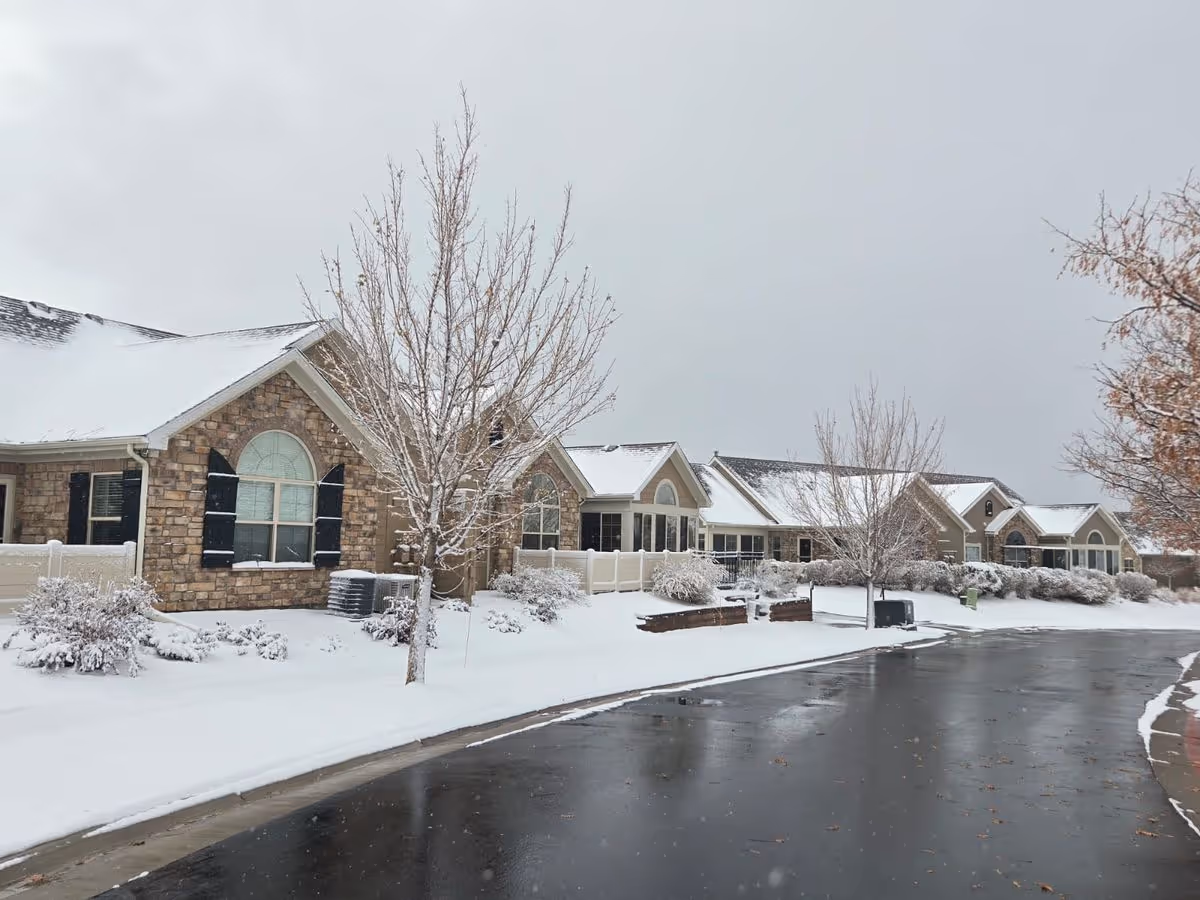 Snow-covered single-story villa buildings with stone facades, bare trees, and a wet driveway under an overcast sky.