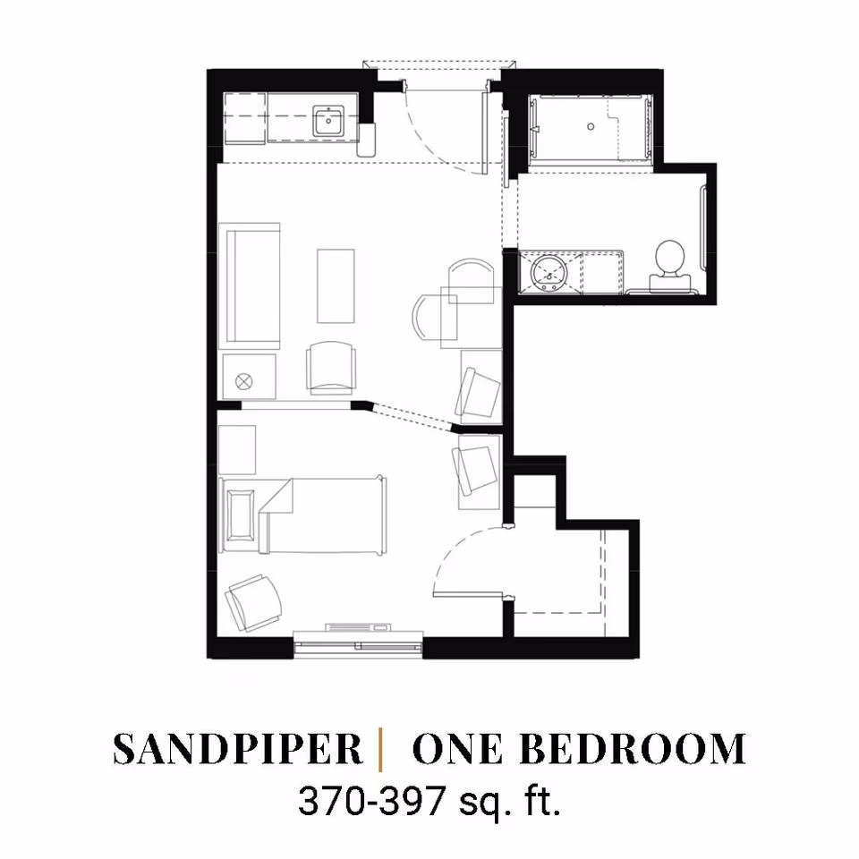 Architectural floor plan of a one-bedroom apartment named Sandpiper, showing a living area with sofa and chairs, a kitchen with sink and appliances, a bedroom with a bed and chair, and a bathroom with a toilet and sink. The total area is 370-397 square feet.