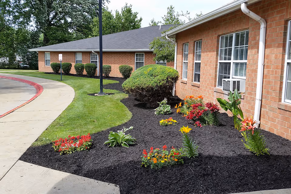 A landscaped garden area outside a brick building with neatly trimmed bushes, colorful flowers, and a well-maintained lawn next to a curved sidewalk and a streetlamp.