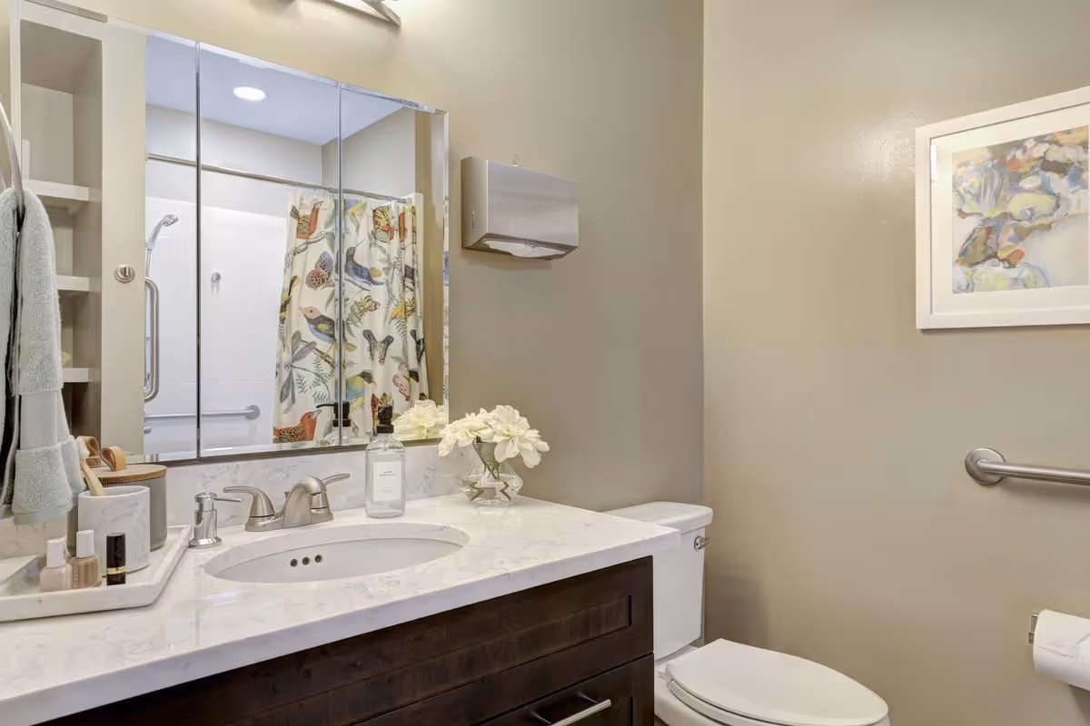 Bathroom with a marble-topped vanity and sink, mirror, toilet, grab bar, and a shower with a bird-patterned curtain.