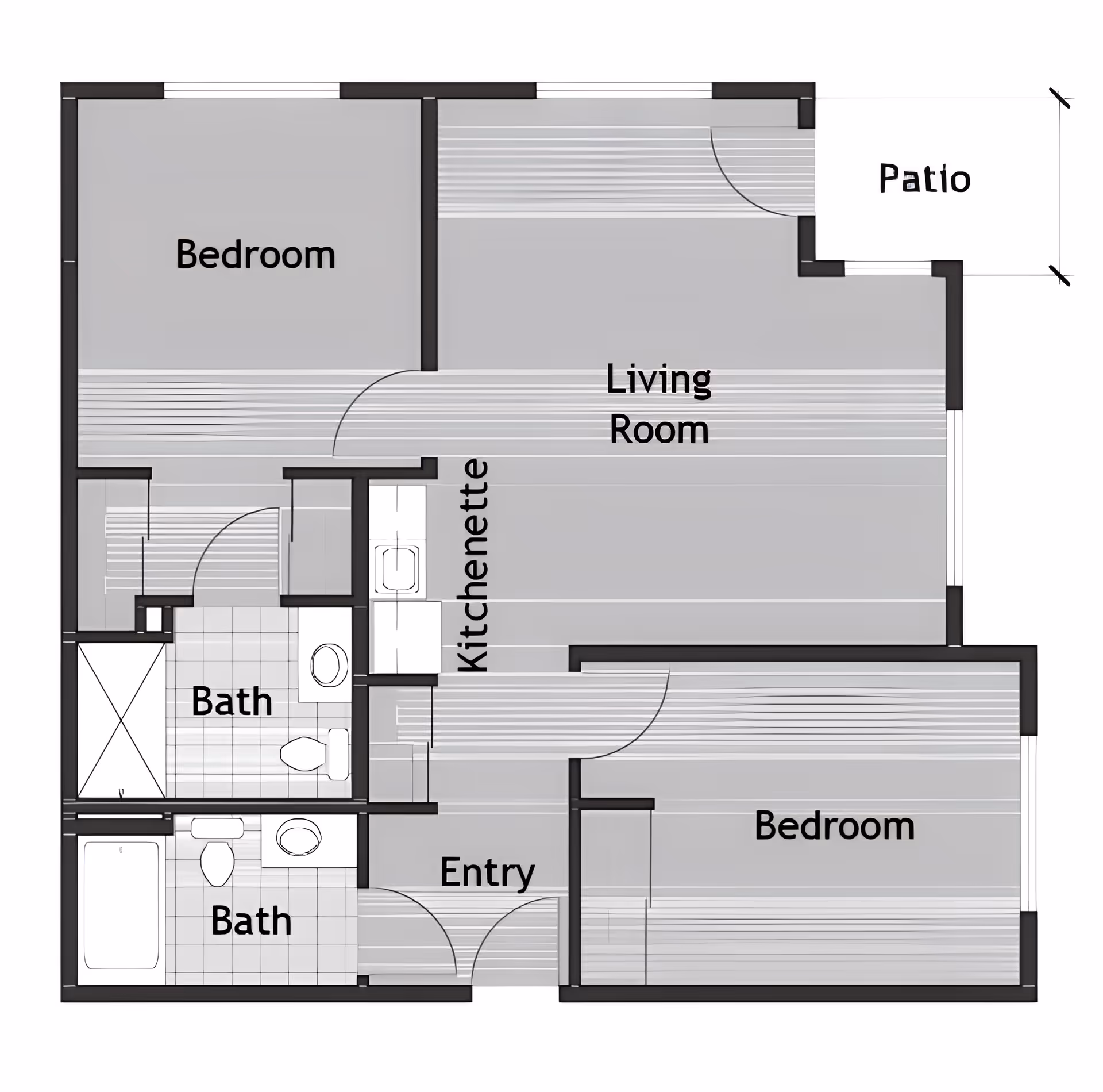 Architectural floor plan of a residential unit at Summerville Estates Gracious Retirement Living, showing two bedrooms, two bathrooms, a kitchenette, a living room, an entry area, and a patio.