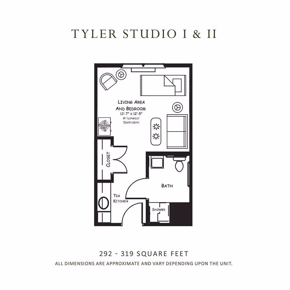 Floor plan labeled Tyler Studio I & II showing a living area and bedroom measuring 13 feet 7 inches by 12 feet 5 inches, a closet, a tea kitchen, and a bathroom with a shower. The total area is approximately 292 to 319 square feet.