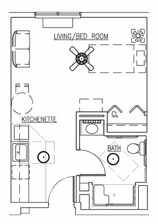Black-and-white floor plan diagram of a studio-style senior living unit with a combined living/bedroom, kitchenette, closet, and bathroom.