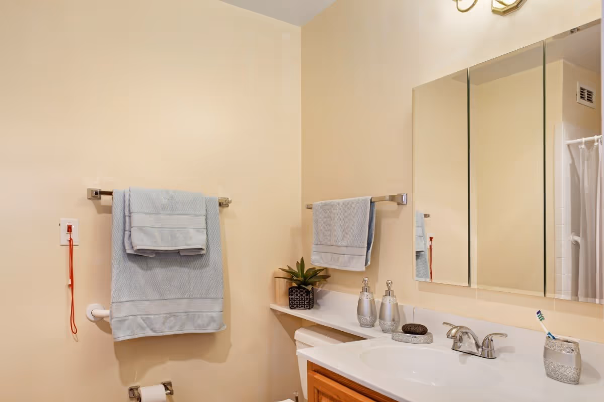 Bathroom sink and countertop with mirror, towel racks, and a shower curtain visible.