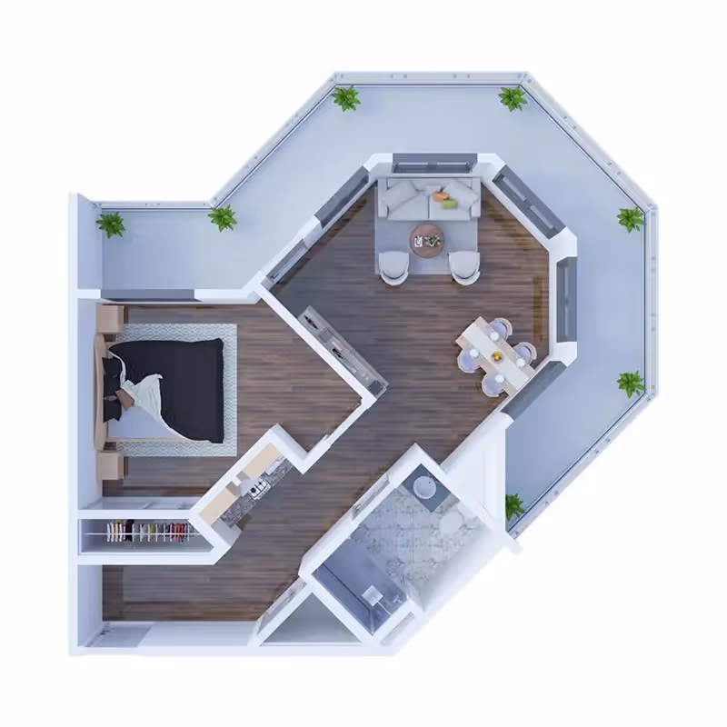 Top-down rendered floor plan of a one-bedroom apartment showing a bedroom, bathroom, kitchen, combined living and dining area, and wraparound balcony.