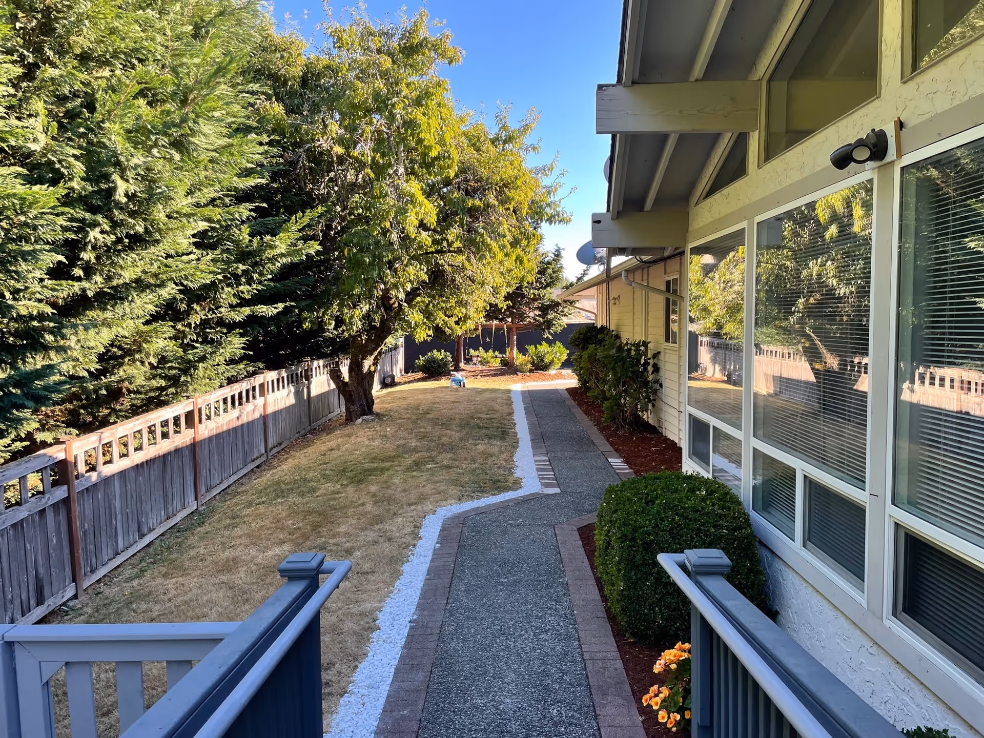 A paved walkway bordered by white stones and red mulch runs alongside a house with large windows and a gray railing. The yard features a grassy area with trees and bushes, enclosed by a wooden fence under a clear blue sky.