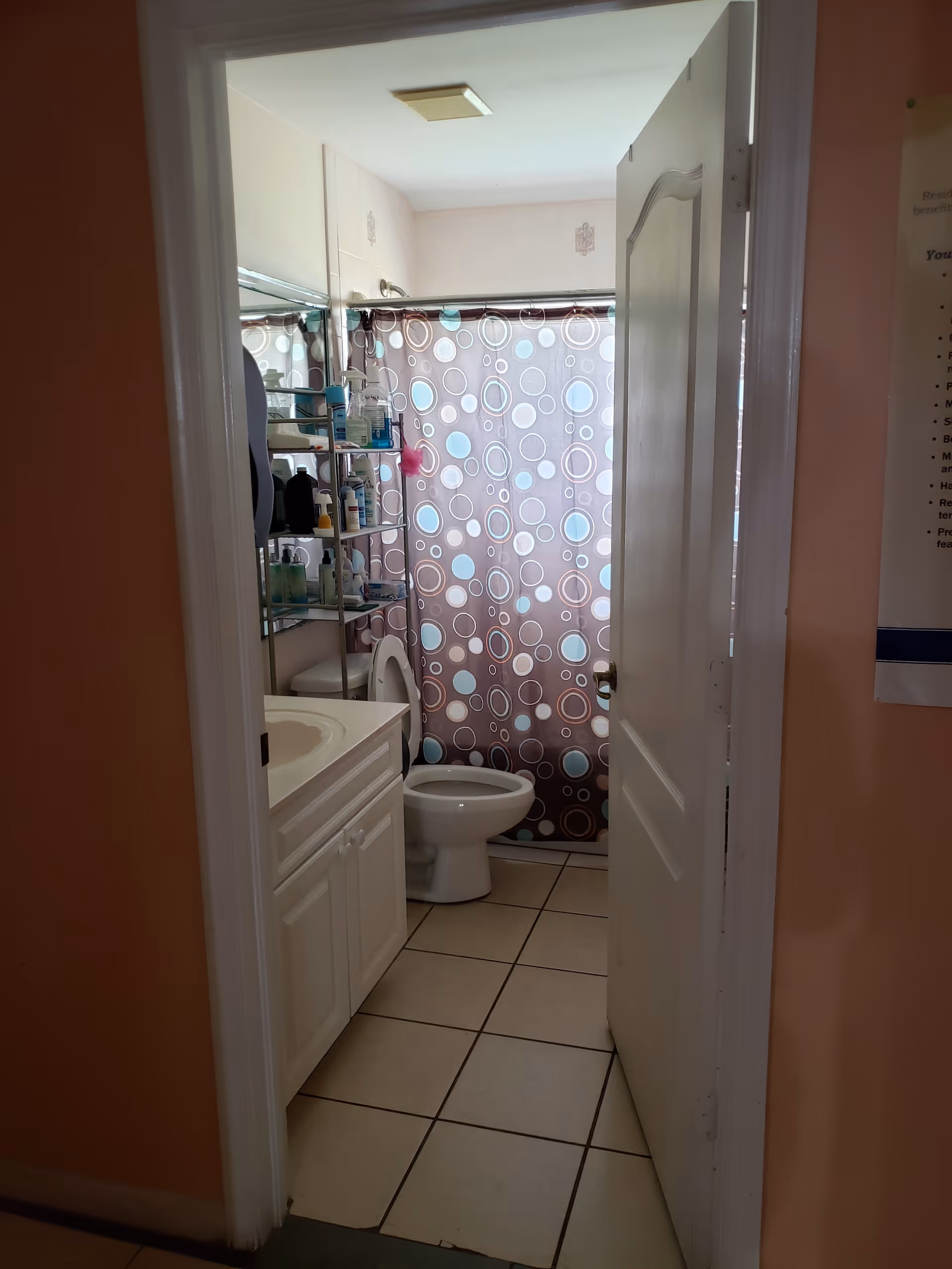 View into a small bathroom with a white toilet, a white vanity with a sink, and a shower with a curtain featuring a pattern of circles in various sizes and colors. There is a metal shelving unit above the toilet holding various toiletries. The bathroom floor is tiled, and the door is partially open.