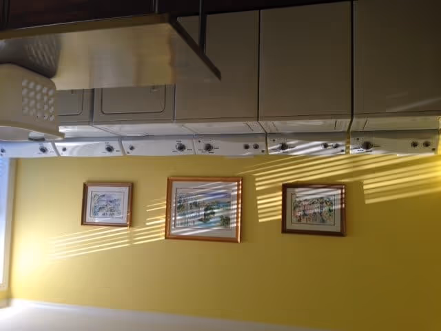 Laundry room with a row of white washing machines and dryers mounted under beige cabinets. The walls are painted yellow and decorated with three framed pictures. Sunlight streams through blinds, casting shadows on the wall.