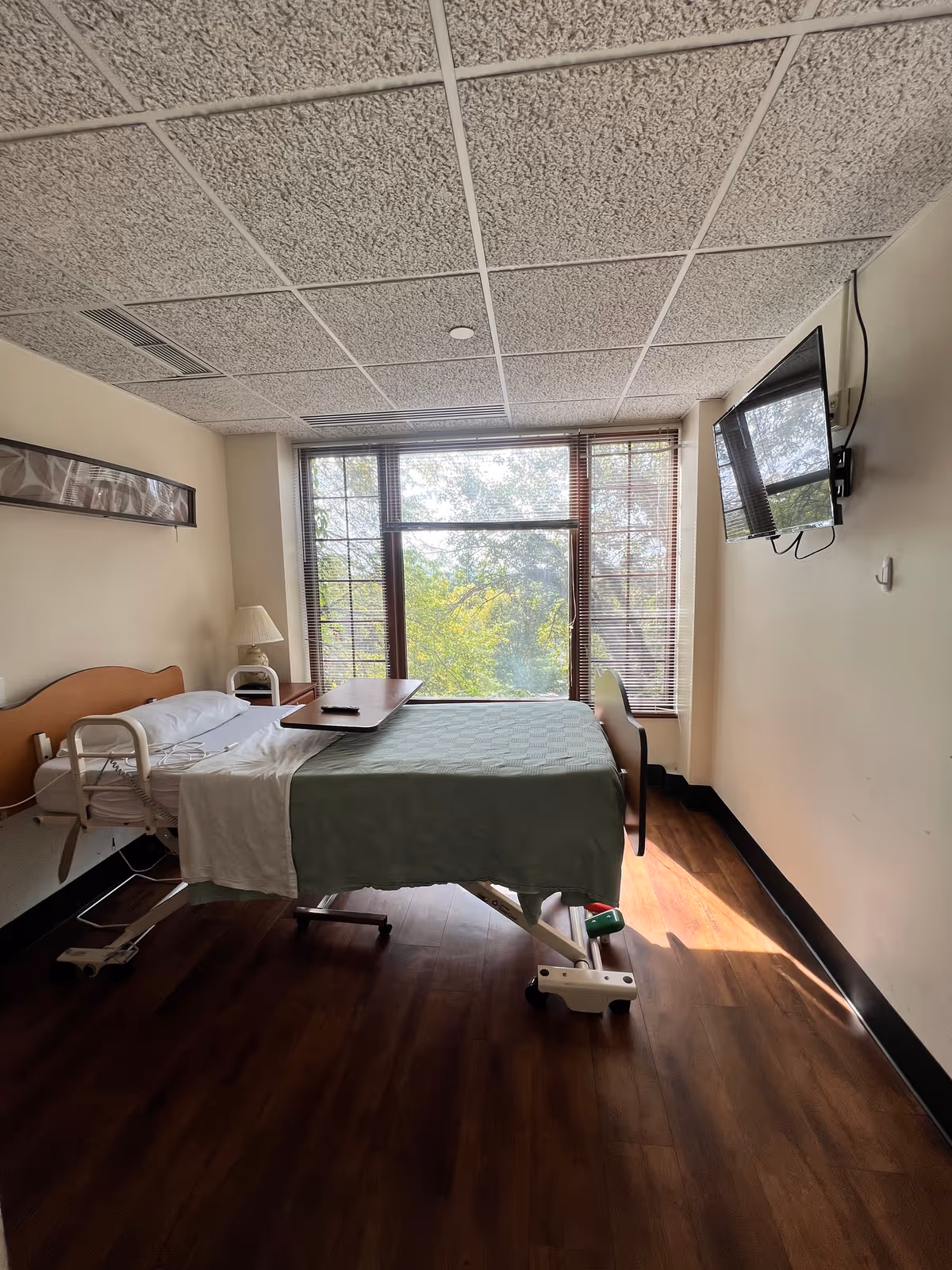 A hospital-style bedroom with a single bed covered in a green blanket and white sheets. There is a wooden headboard, a bedside table with a lamp, and a tray table positioned over the bed. A large window with blinds lets in natural light, showing trees outside. A flat-screen TV is mounted on the wall opposite the bed. The floor is wooden, and the ceiling has a textured tile design.