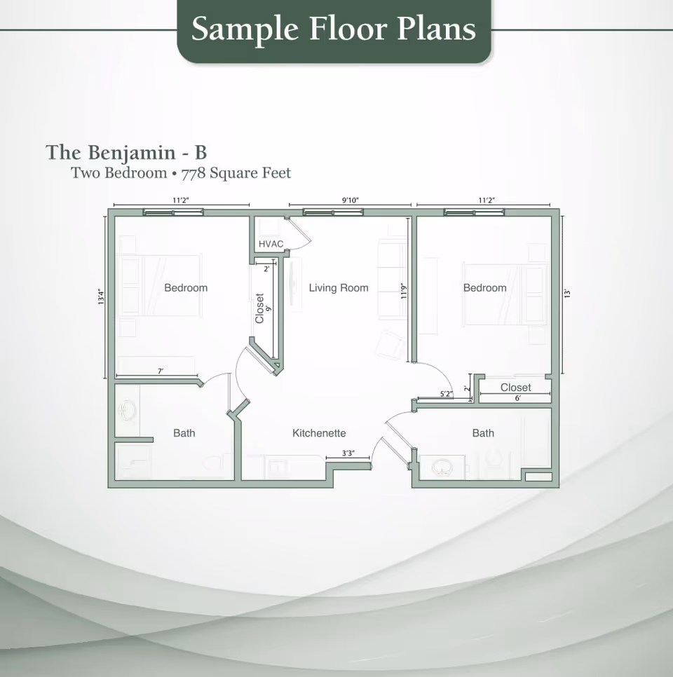 Floor plan titled 'The Benjamin - B' showing a two-bedroom apartment layout with 778 square feet. The plan includes two bedrooms, two bathrooms, a living room, a kitchenette, closets, and an HVAC area. Dimensions for each room are provided.