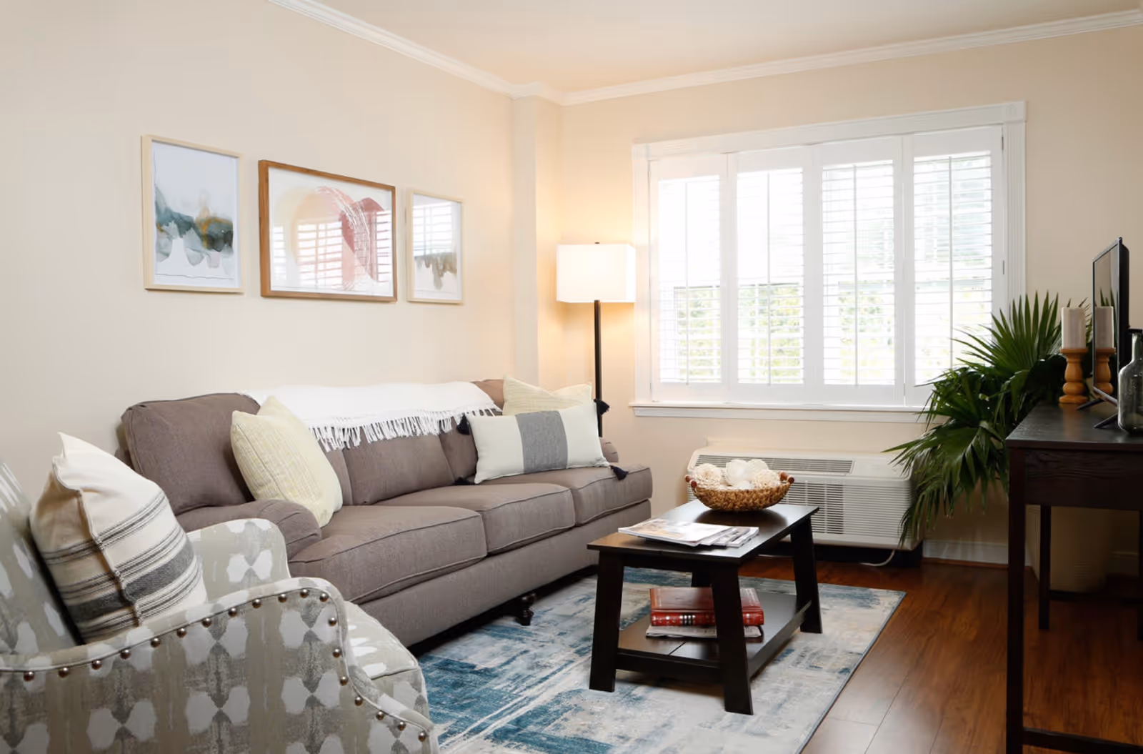 Sunlit living room with a gray sofa, patterned armchair, coffee table and a window with white shutters.