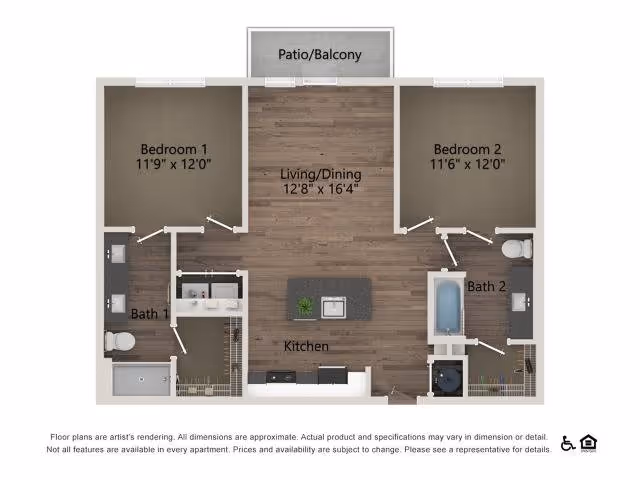 Floor plan of a two-bedroom apartment with labeled rooms including Bedroom 1, Bedroom 2, Bath 1, Bath 2, Kitchen, Living/Dining area, and a Patio/Balcony. Dimensions for each room are provided. The layout shows the kitchen in the center with an island, living/dining area adjacent to the patio/balcony, and bathrooms next to each bedroom.