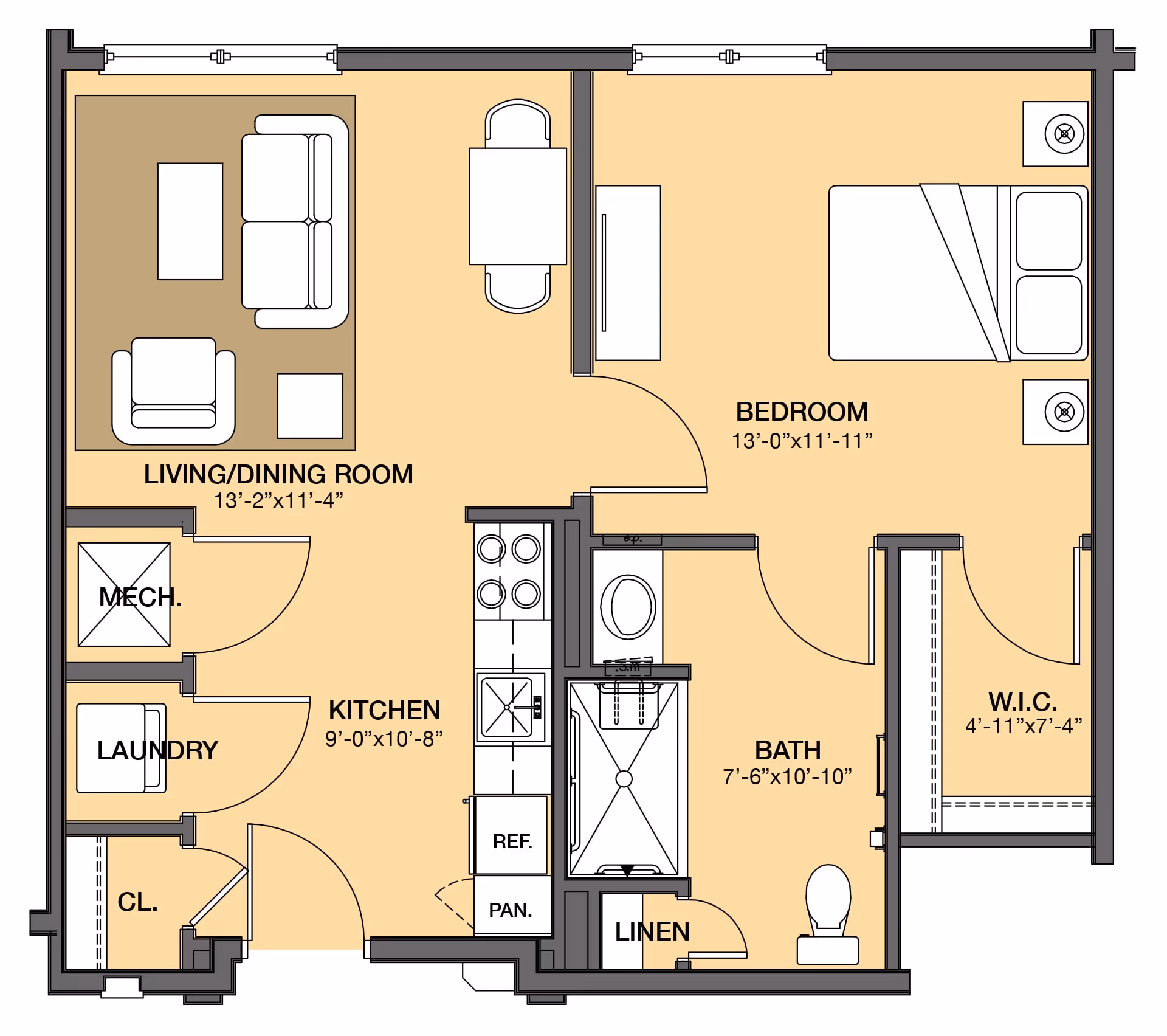 Floor plan of a senior living apartment at Springwell Senior Living Community showing a living/dining room with sofa, chair, and table, a kitchen with appliances, a bedroom with a bed and nightstands, a bathroom with a shower and toilet, a walk-in closet, laundry area, mechanical room, pantry, and linen closet.