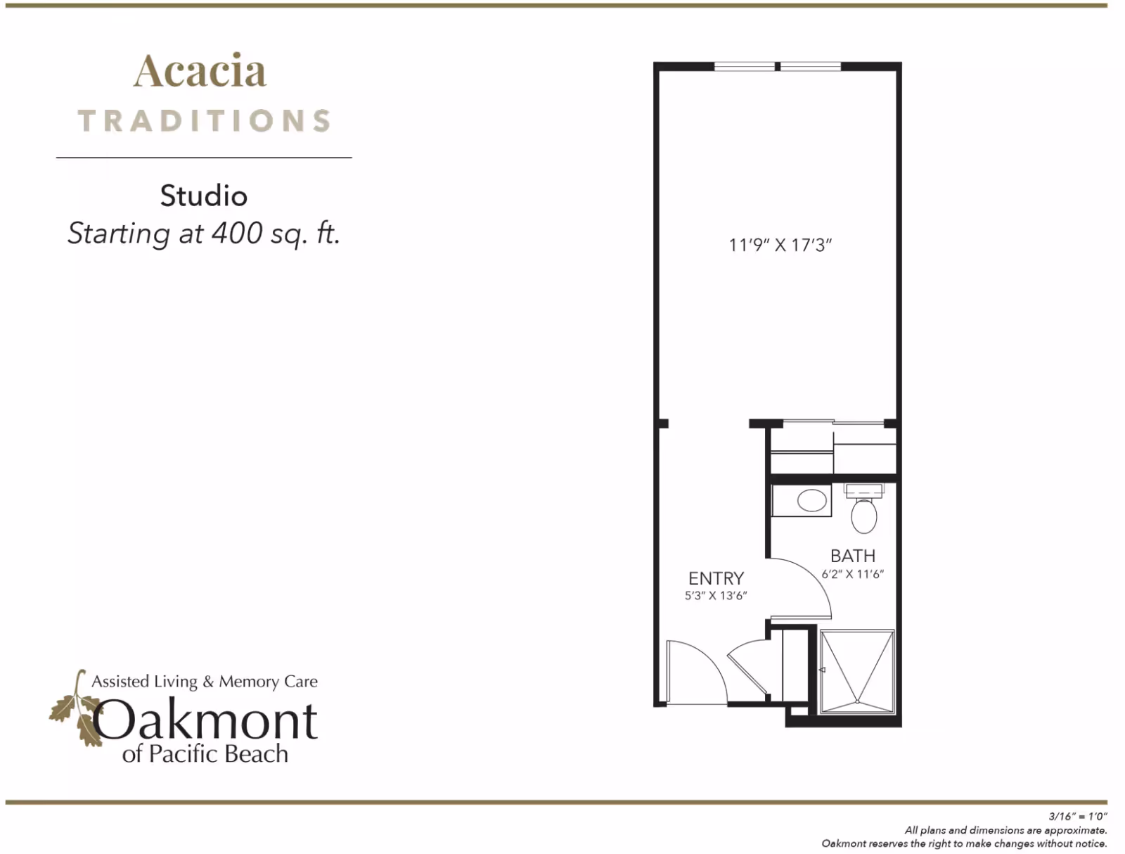 Studio floor plan for Oakmont of Pacific Beach (Acacia Traditions) showing an entry, bathroom, and main living area with dimensions.
