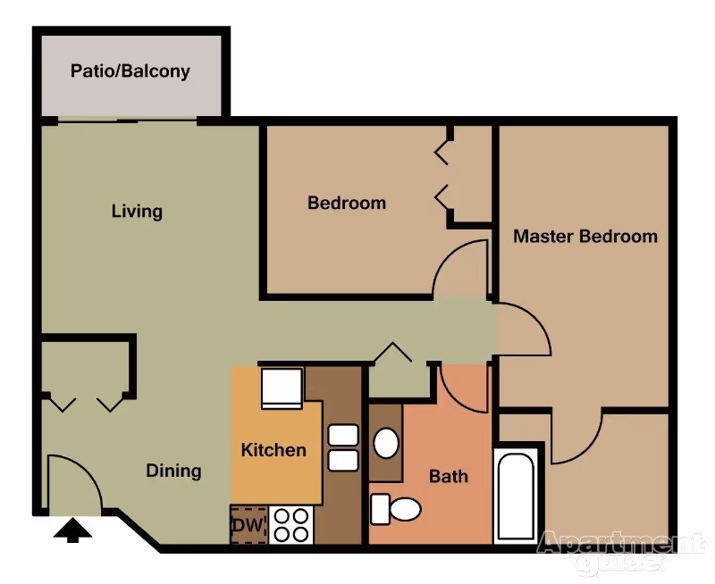 Colored floor plan of a two-bedroom apartment showing living room, dining area, kitchen, bathroom and a patio/balcony.