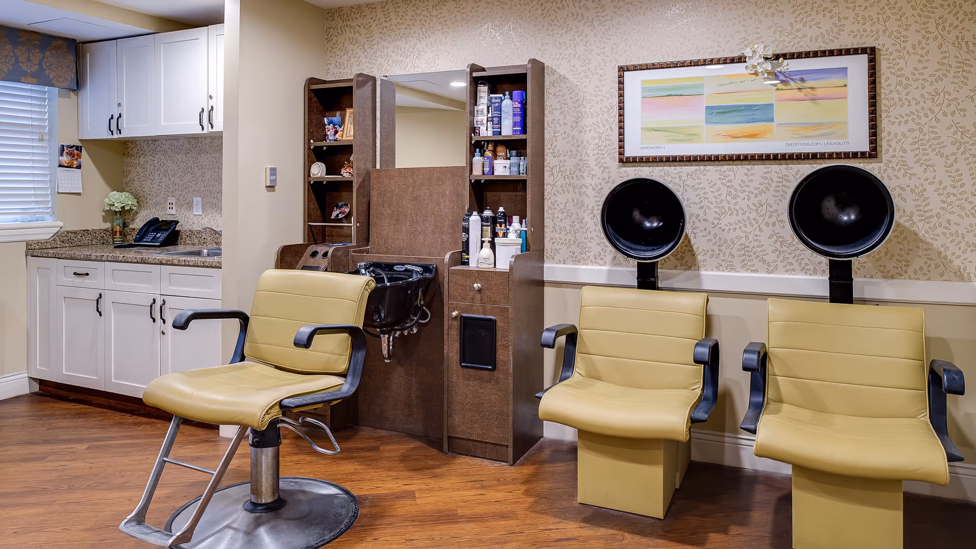 Interior view of a salon area in a senior living facility with a styling chair, two hair drying chairs, a sink for washing hair, shelves with hair care products, white cabinets, and a framed artwork on the wall.