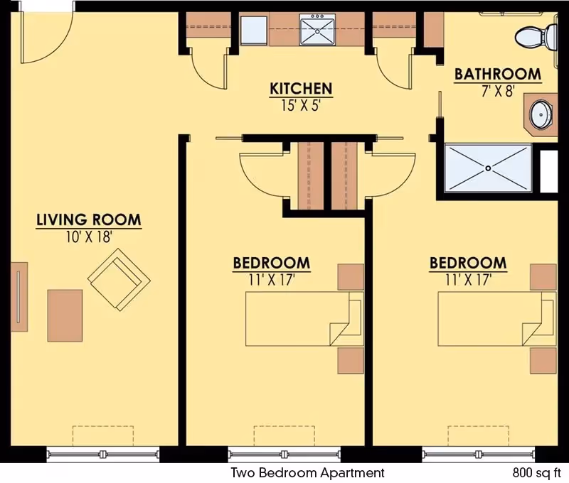 Top-down floor plan of a two-bedroom, one-bath apartment showing a living room, kitchen, two bedrooms and a bathroom with room dimensions.