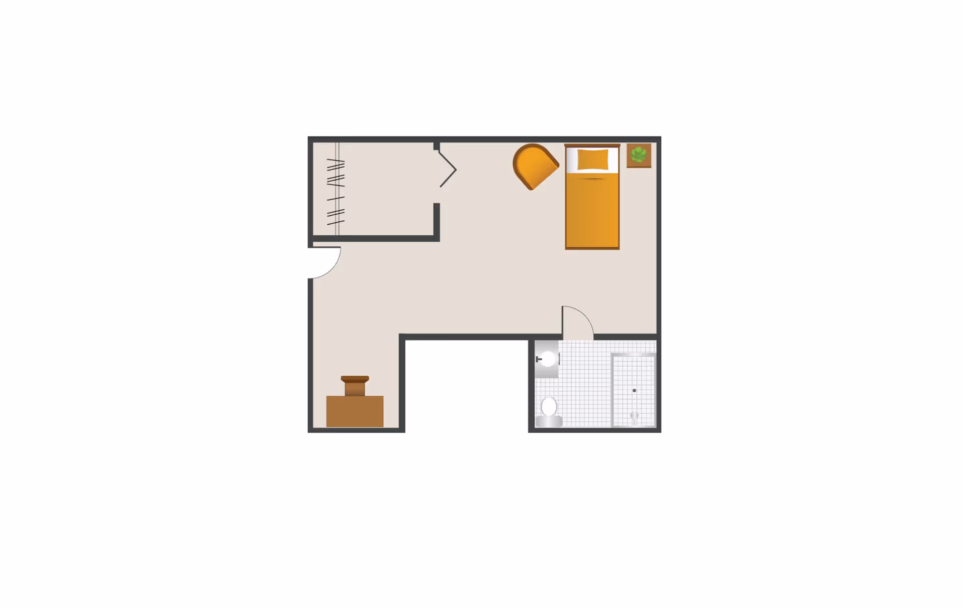 Floor plan of a small studio apartment showing a bed, chair, closet, entry area, and a bathroom with shower.