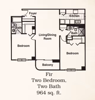 Floor plan of a two-bedroom, two-bath apartment named Fir at Hammond Glen Retirement Community, showing a foyer, living/dining room, kitchen, balcony, and two bathrooms.