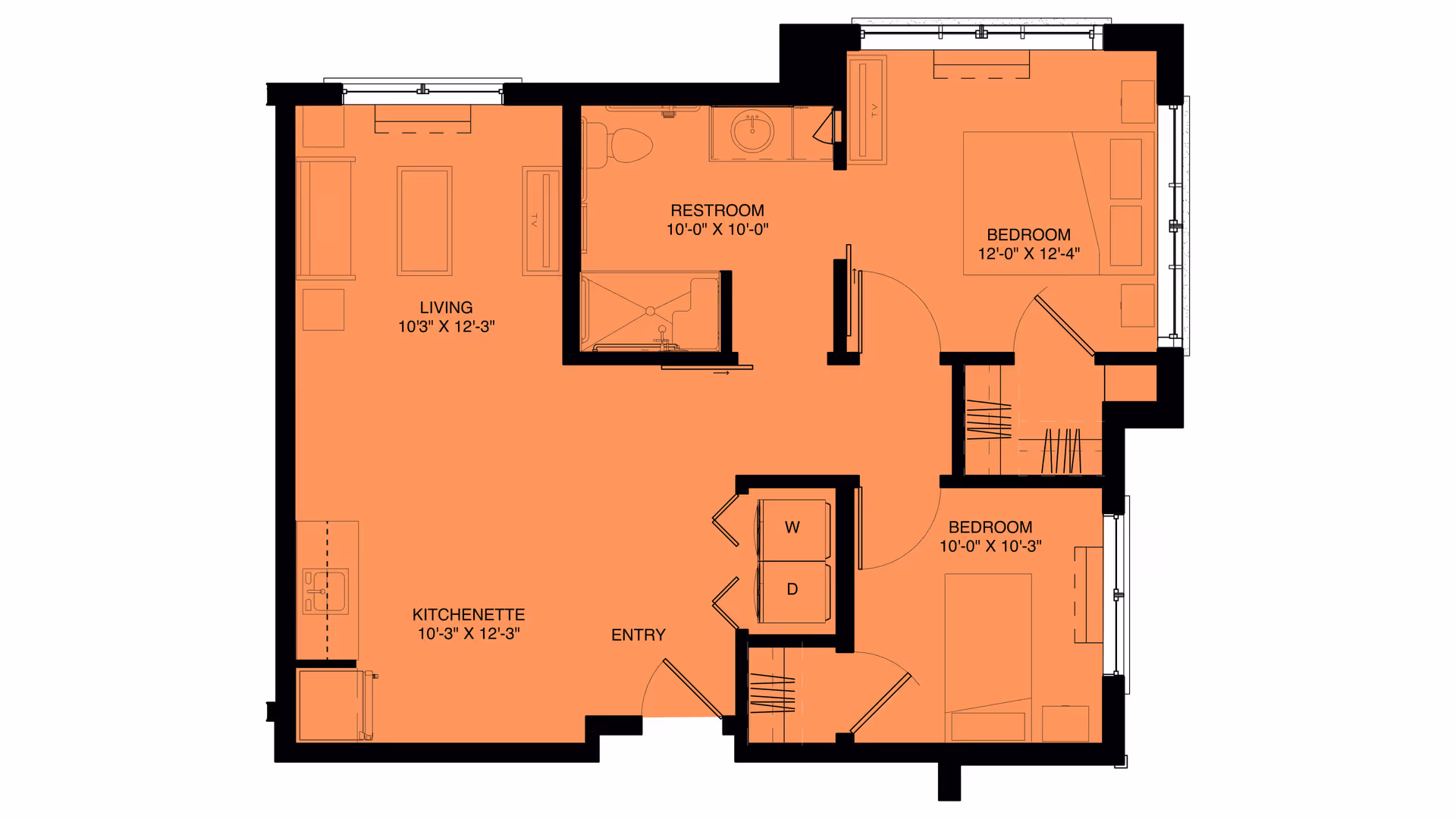 Floor plan of a senior living unit at StoryPoint Farmington Hills showing two bedrooms, a restroom, a living area, and a kitchenette. The layout includes dimensions for each room and an entry area with washer and dryer.