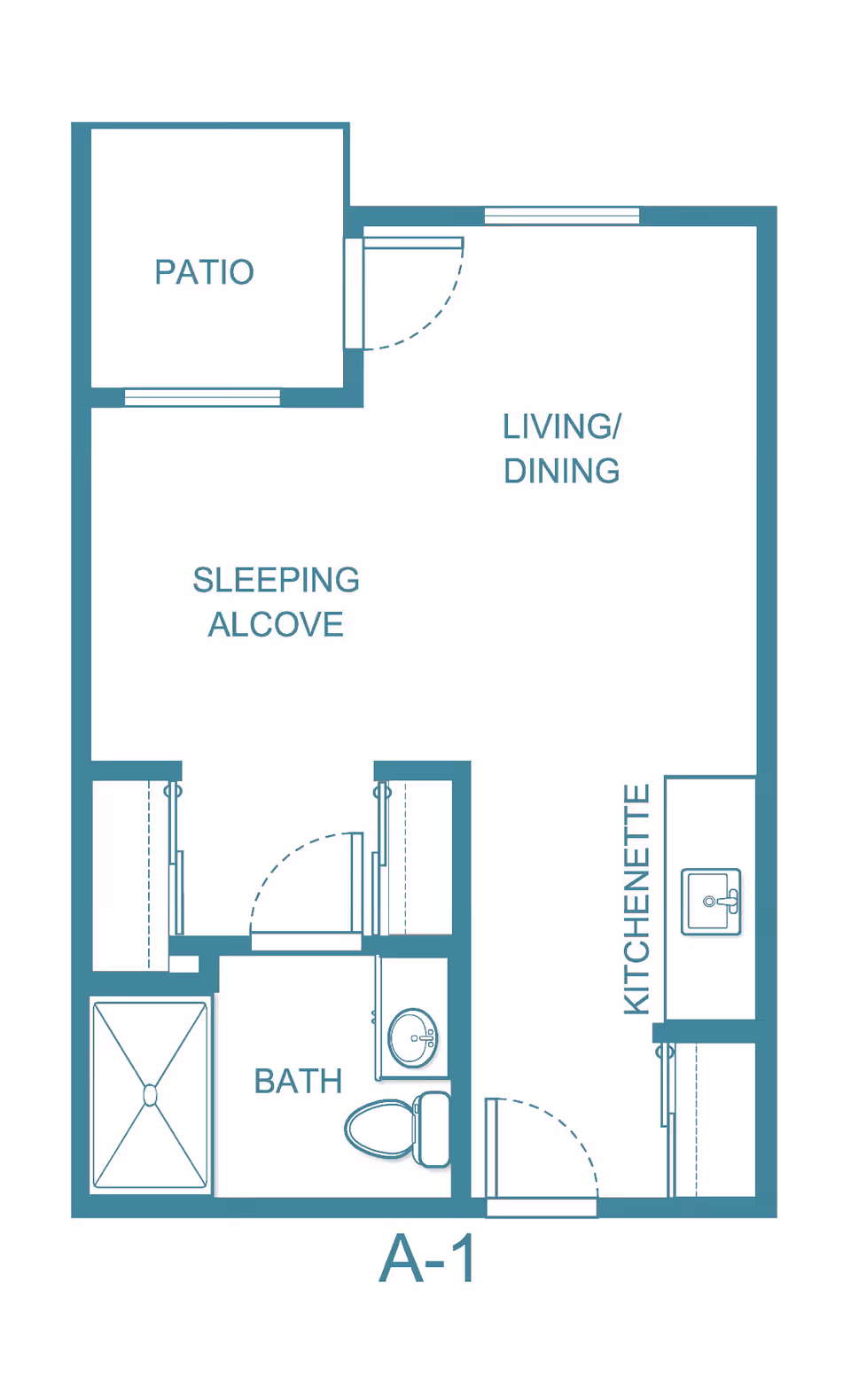 Floor plan of a studio apartment labeled A-1 at Holiday Devonshire Estates, showing a patio, living/dining area, sleeping alcove, kitchenette, and a bathroom with a shower, toilet, and sink.