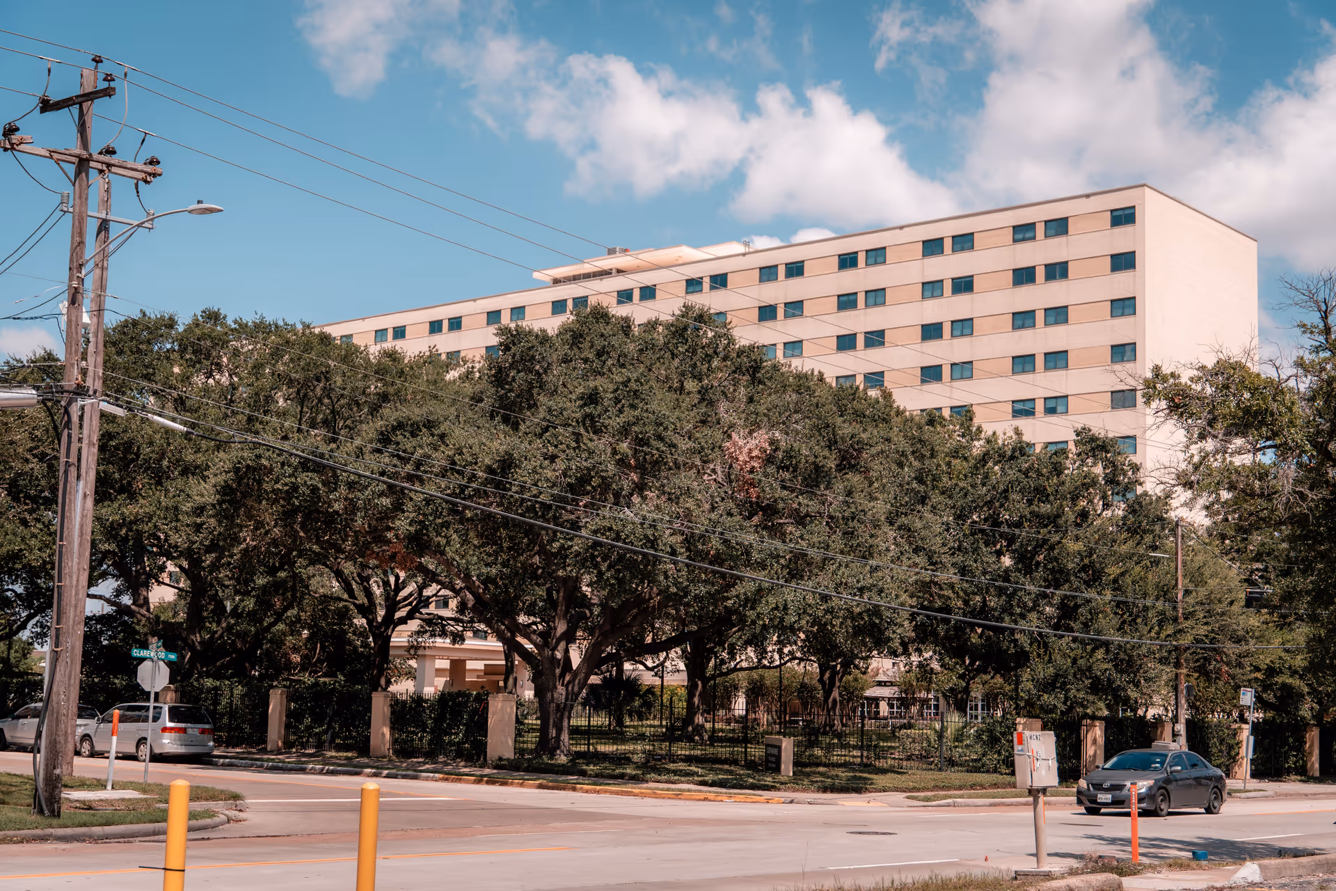 Large multi-story residential building seen behind a row of trees from across a street with cars and power lines.