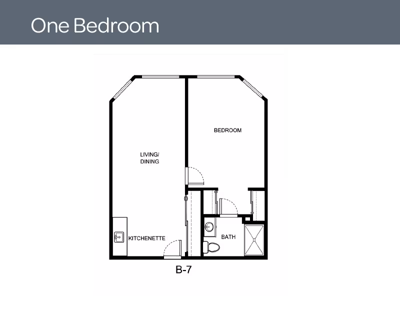 Floor plan of a one-bedroom unit labeled B-7 at Sierra Hills - A Provincial Senior Living Community, showing a living/dining area with kitchenette, a separate bedroom, and a bathroom with a toilet and shower.