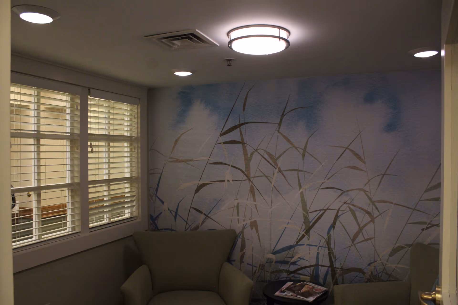 A small sitting area with two green armchairs and a round table between them holding magazines. The wall behind the chairs features a mural of tall grass against a blue sky. There is a window with white blinds on the left side and ceiling lights illuminating the room.
