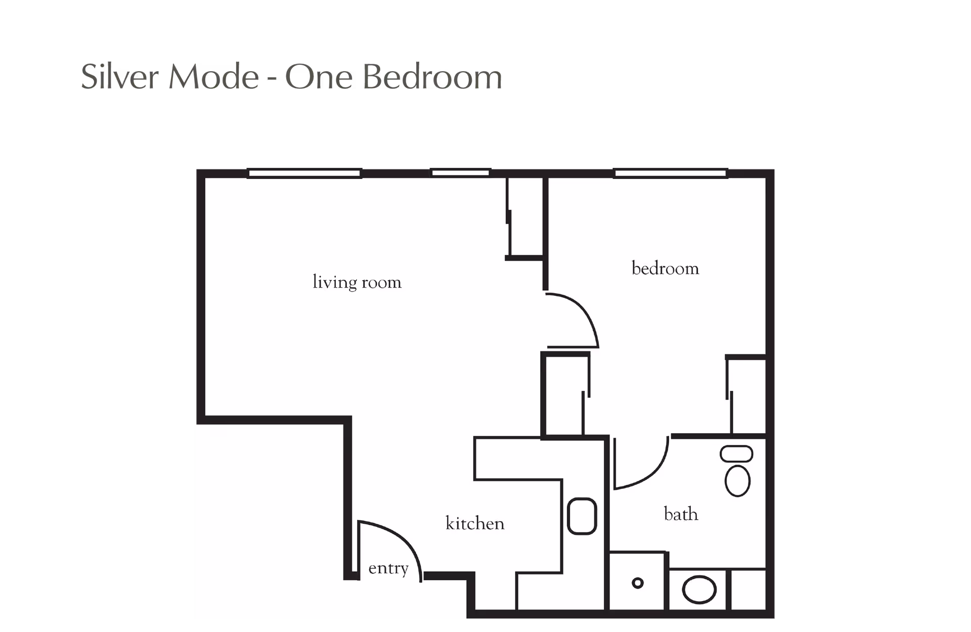 Floor plan titled 'Silver Mode - One Bedroom' showing a living room, bedroom, kitchen, bath, and entry on a black background.