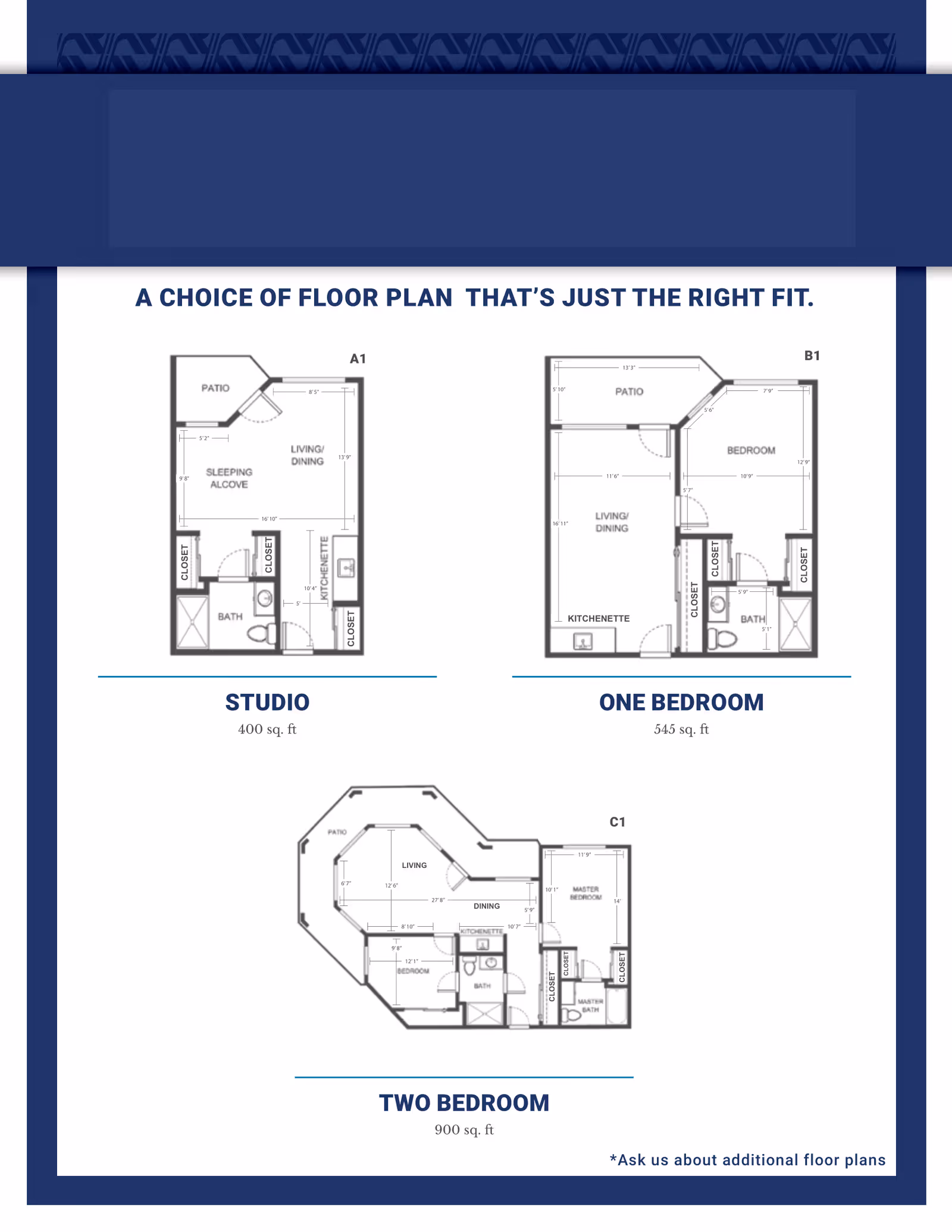 Floor plans for University Pines - Sky Active Living showing three options: Studio (400 sq. ft) with a sleeping alcove, living/dining area, kitchenette, bath, closets, and patio; One Bedroom (545 sq. ft) with bedroom, living/dining area, kitchenette, bath, closets, and patio; Two Bedroom (900 sq. ft) with master bedroom, second bedroom, living and dining areas, kitchenette, two baths, closets, and patio.