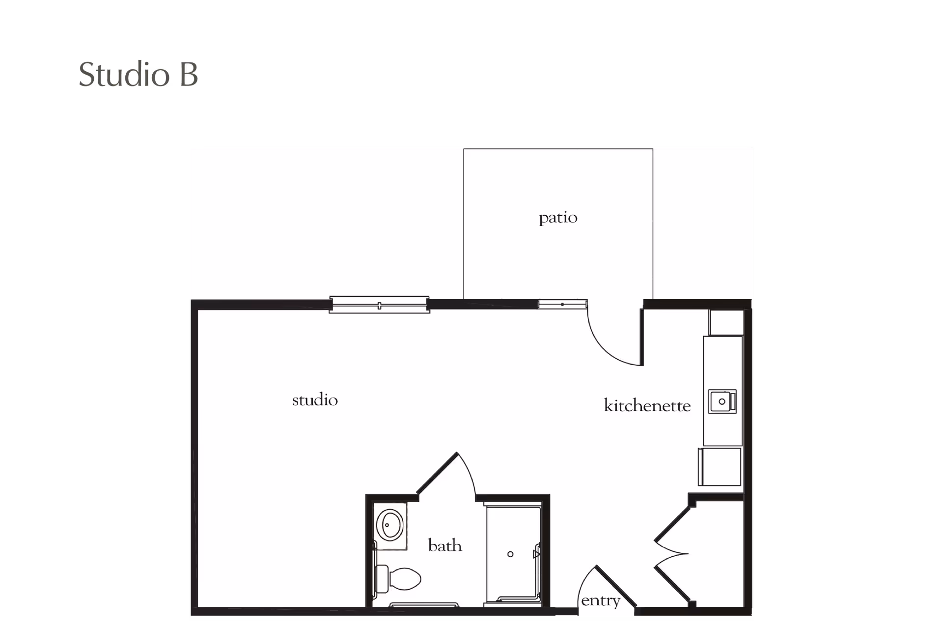 Floor plan labeled Studio B showing a studio apartment layout with a bath, kitchenette, entry, and patio.