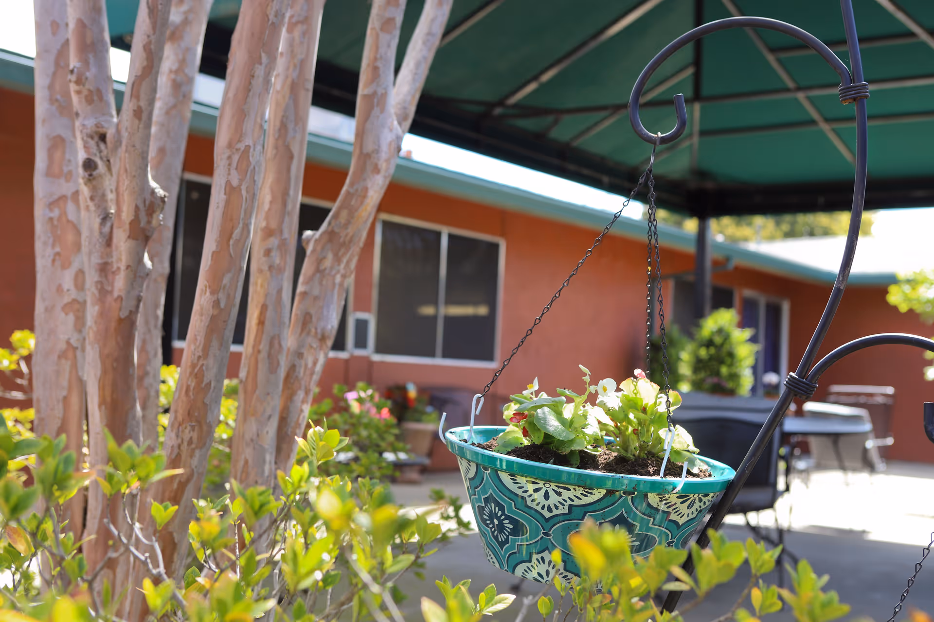 Outdoor patio area with a hanging decorative planter containing green plants and flowers. The background shows a building with orange walls, windows, and a green roof, along with some outdoor furniture and greenery.