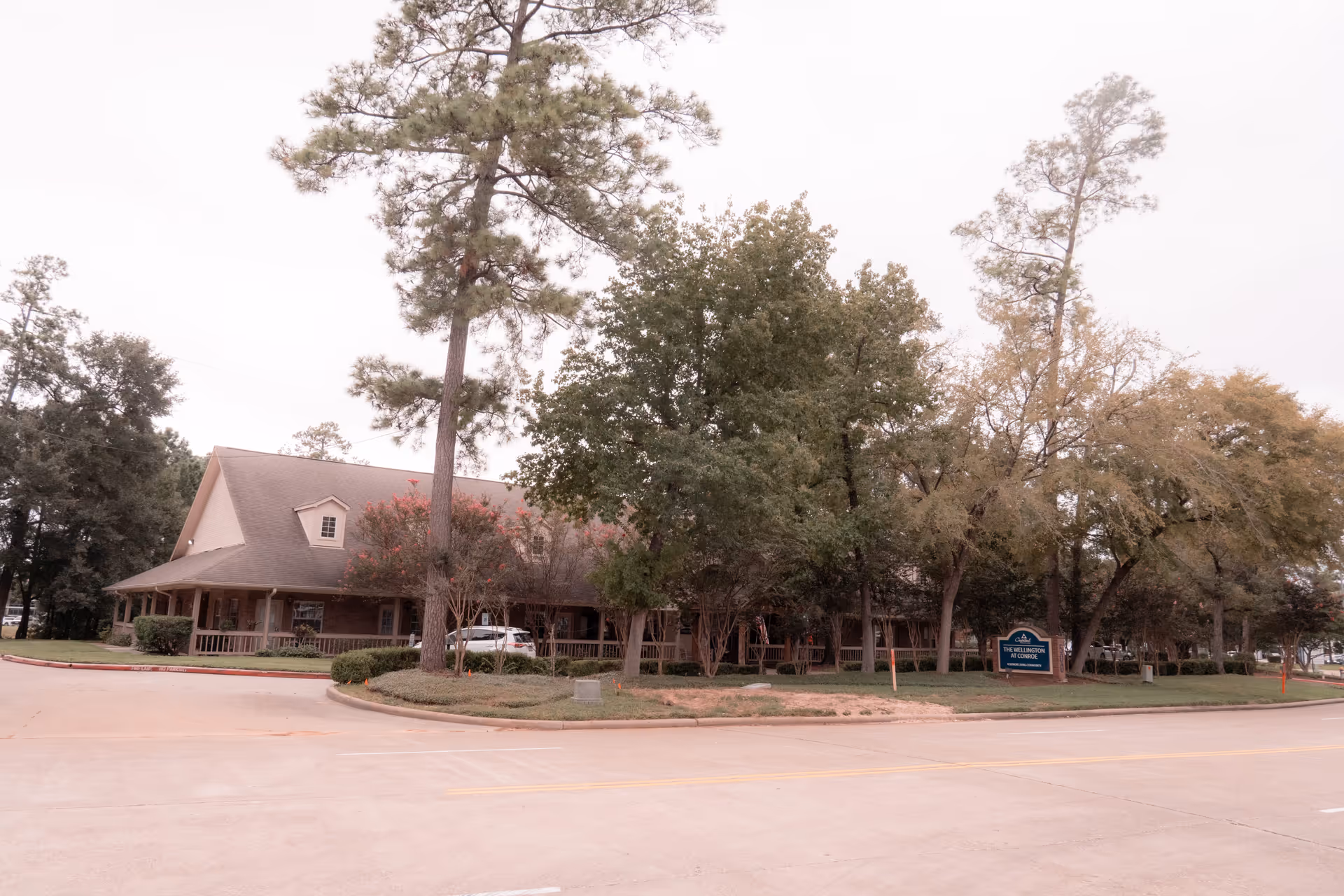Front exterior of The Wellington at Conroe building partially obscured by trees with a driveway in front.