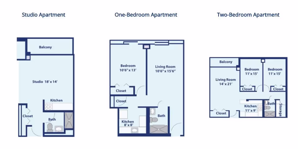 Floor plans for three types of apartments at Serenity Towers at Brockton: Studio Apartment with balcony, kitchen, closet, and bath; One-Bedroom Apartment with bedroom, living room, kitchen, closets, and bath; Two-Bedroom Apartment with two bedrooms, living room, balcony, kitchen, closets, bath, and storage.