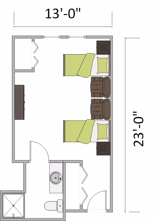 Floor plan of a room measuring 13 feet by 23 feet, featuring two single beds with green bedding, two brown chairs between the beds, two nightstands, a dresser, and a small bathroom with a shower, toilet, and sink.