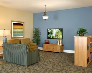 A cozy living room with a striped sofa and a single armchair facing a wall-mounted flat screen TV. The TV is above a wooden cabinet with decorative items. There is a tall green plant in the corner and a wooden bookshelf with a potted plant on top. The walls are painted blue and beige, and a framed artwork hangs on the beige wall. A hanging light fixture is centered in the room.