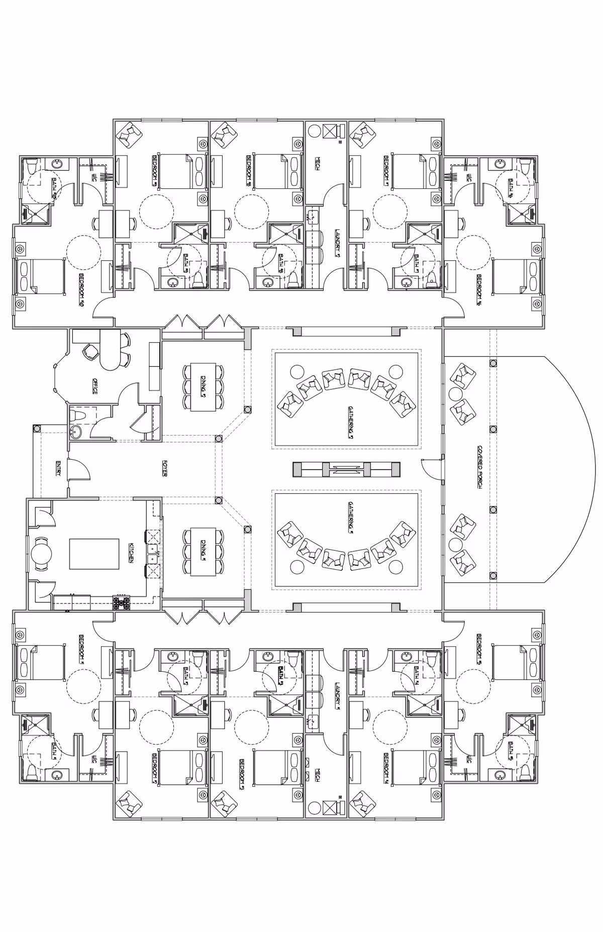 Architectural floor plan of a senior living facility showing multiple bedrooms with attached bathrooms, common living areas with seating arrangements, dining areas with tables and chairs, a kitchen, and an outdoor covered porch area.