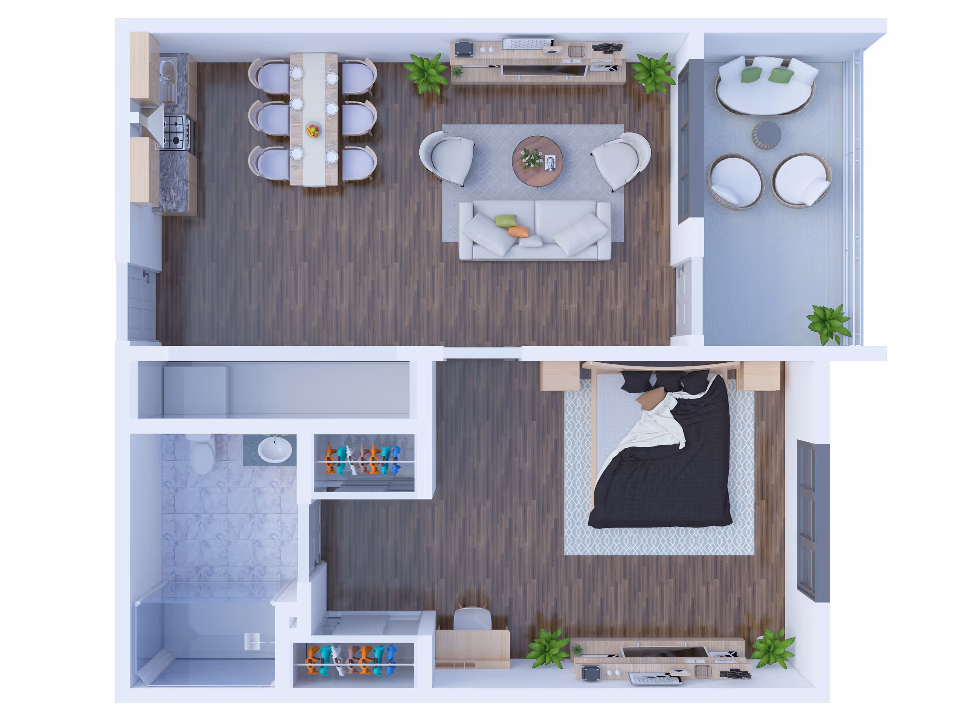 Top-down 3D floor plan of a one-bedroom apartment with a kitchen and dining area, living room, bedroom, bathroom, closets and a balcony.