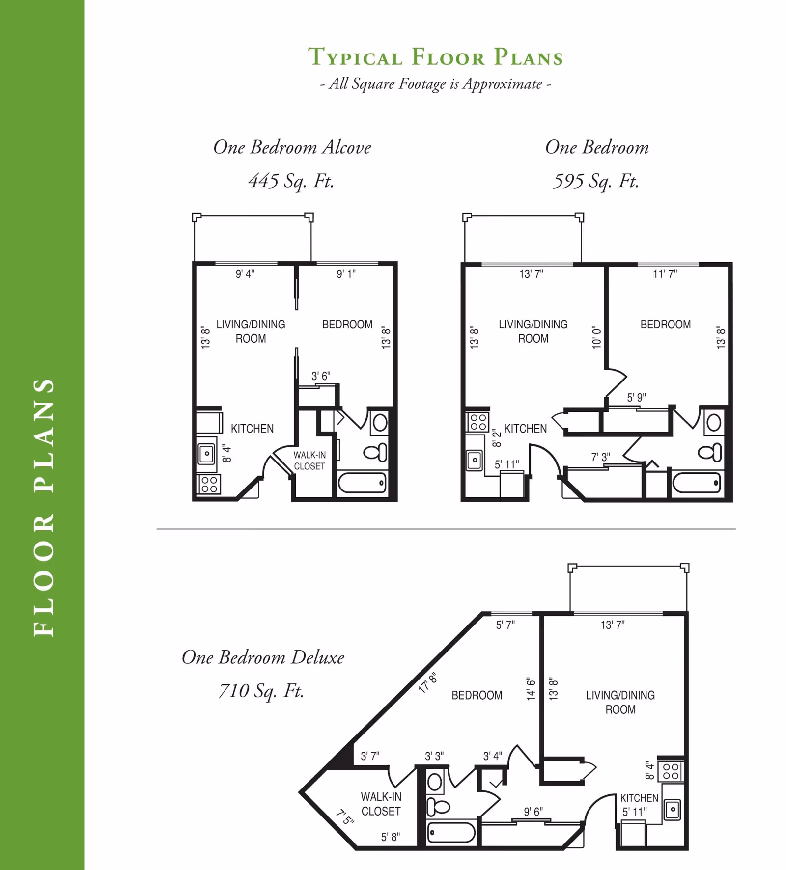 Floor plans for Garden Villas North showing three types of one-bedroom apartments: One Bedroom Alcove (445 sq. ft.), One Bedroom (595 sq. ft.), and One Bedroom Deluxe (710 sq. ft.). Each plan includes labeled rooms such as living/dining room, bedroom, kitchen, bathroom, and walk-in closet with dimensions.