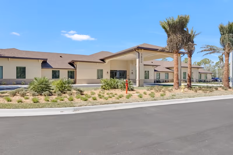 Exterior view of a single-story assisted living facility building with a covered entrance, palm trees, and landscaped bushes under a clear blue sky.